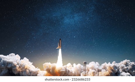 New space ship shuttle with blast and puffs of smoke successfully takes off up into the starry sky. Space mission and rocket lift off - Shutterstock ID 2326686233