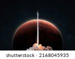New space shuttle rocket with a blast takes off into space against the background of the red planet Mars and explores space. Concept of technology and travel to other planets. Spaceship lift off 