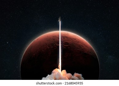 New space shuttle rocket with a blast takes off into space against the background of the red planet Mars and explores space. Concept of technology and travel to other planets. Spaceship lift off 