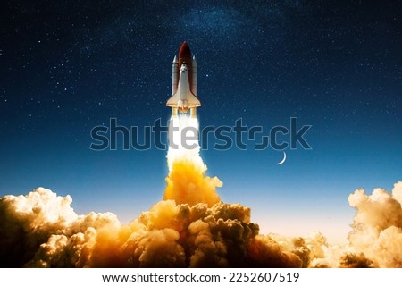 New space shuttle rocket with smoke and blast successfully launches into the starry blue sky. Space mission and spaceship takes off, creative idea