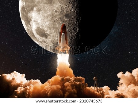 New space shuttle rocket with smoke and clouds takes off into the sky with moon. Shuttle spaceship liftoff to moon. Space Mission Launch to Moon Concept. 