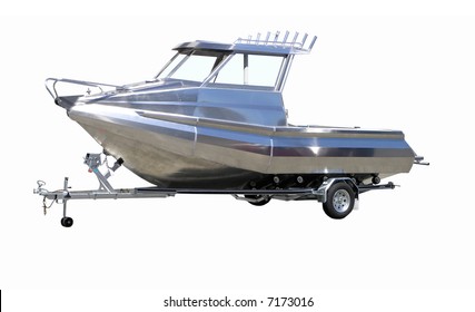 New Stainless steel boat on a trailer.