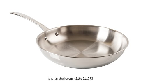 New stainless steel frying pan cutout. New skillet of 18 10 chrome nickel steel isolated on a white background. Empty inox frypan for frying, searing, and browning food. Modern metal cookware. 