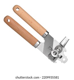 New Stainless Steel Rotating Manual Tin Can Opener With Wooden Handle Isolated On White Background