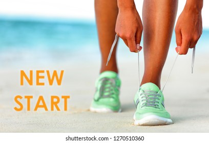 New Start Fitness New Year Resolution Runner Woman Tying Up Laces Of Running Shoes Getting Ready To Run For Weight Loss.