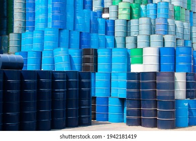 New Steel Barrel, Blue Oil Tank Stack Many Drum In Toxic Waste Warehouse. Barrels Contains Chemical And Industrial Hazard Storage In Factory Arrange Outdoor.