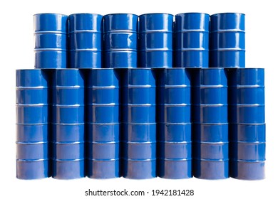 New Steel Barrel, Blue Oil Tank Stack Many Drum In Toxic Waste Warehouse. Barrels Contains Chemical And Industrial Hazard Storage In Factory, Isolated White Background