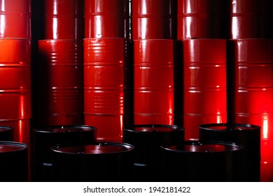 New Steel Barrel, Red Oil Tank Stack Many Drum In Toxic Waste Warehouse. Barrels Contains Chemical And Industrial Hazard Storage In Factory Arrange Indoor