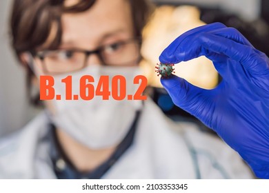 New strain of coronavirus B.1.640.2 found in France. doctors or scientists researching a new strain of coronavirus or developing a vaccine against coronavirus COVID-19 and a syringe in laboratory room