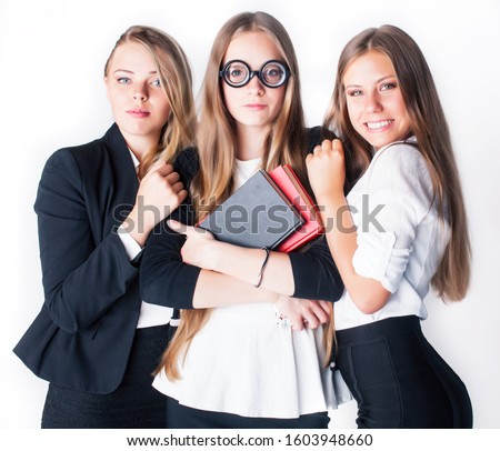 new student bookwarm in glasses against casual group on white background, teen drama, lifestyle people concept