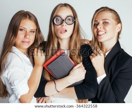 new student bookwarm in glasses against casual group on white, teen drama
