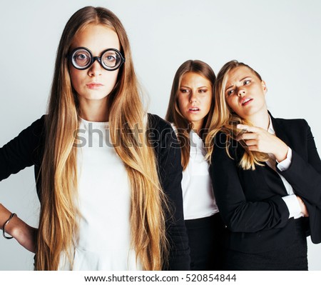 new student bookwarm in glasses against casual group on white, teen drama, lifestyle people concept