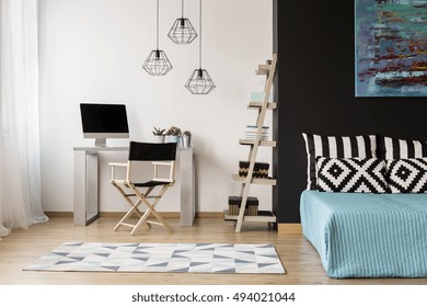 New Style Black And White Room With Sleeping And Study Area Combined