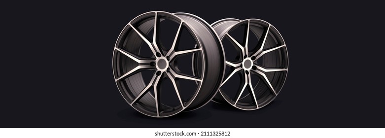 new stylish sports forged alloy wheels 22 diameter on a black background, beautiful rim and thin spokes cool wheels, long layout panoramic photo