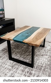 New Table In The Interior Of The House Made Of Natural Wood And Epoxy Resin