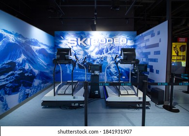 New Taipei City, Taiwan-October 24, 2020: VR ZONE NEW TAIPEI in Honghui Plaza, Xinzhuang District, experience the super-real virtual reality-SKI RODEO steep downhill ski simulator.