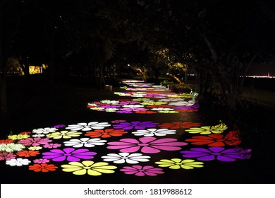 New Taipei City,Taiwan - Aug 21th,2020 : Colorful Flower Light Reflect On The Ground Of Projection Mapping At Night At Chinese Valentine’s Day When Chinese Valentine’s Day