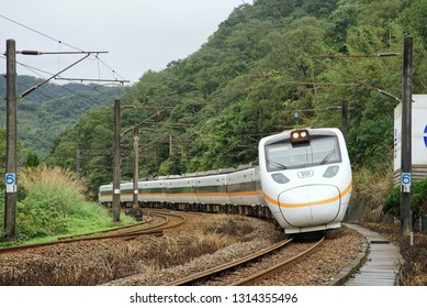 NEW TAIPEI, TAIWAN - FeB 12, 2019: A Taiwan Railway Tilting Train, Which Known As Taroko Express Or TEMU1000 Series.