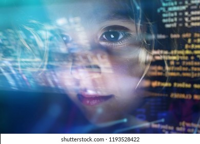 new technologies, a child uses a futuristic processor for augmented reality. high technology and communication concept. TV