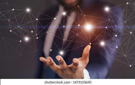 New technologies. Flying connections with lightning points on transparent screen in man hand, panorama - Powered by Shutterstock - Get 15% off with code: PIKWIZARD15