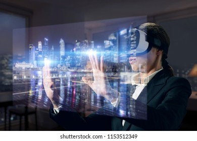 new technologies, a person uses a futuristic processor for augmented reality. high technology and communication concept. TV