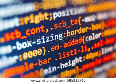 New technology revolution. IT coding on monitor screen. Writing programming code on laptop. Desktop PC monitor photo. Software source code. HTML5 in editor for website development. 
