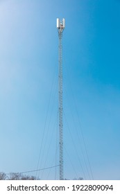 New Telecommunication Antenna On Background Of Blue Sky. Satellite Dish Telecom Network At Communication Technology Network. Telecom Broadcasting Tower. Modern Cell Tower 5G, 6G