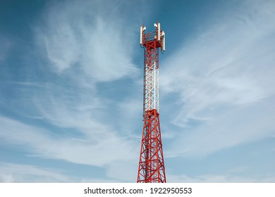 New Telecommunication Antenna On Background Of Blue Sky. Satellite Dish Telecom Network At Communication Technology Network. Telecom Broadcasting Tower. Modern Cell Tower 5G, 6G