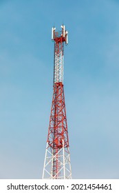 New Telecommunication Antenna On Background Of Blue Sky. Satellite Dish Telecom Network At Communication Technology Network. Telecom Broadcasting Tower. Modern Cell Tower 5G, 6G