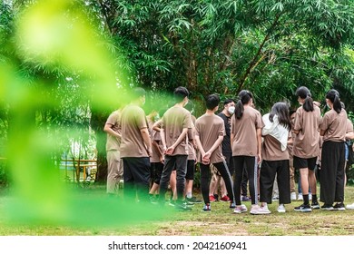 New Territories, Hong Kong - August 6, 21: A Group Of Teenagers Listening Instructions Together, Preparing For Their Upcoming Activities. 