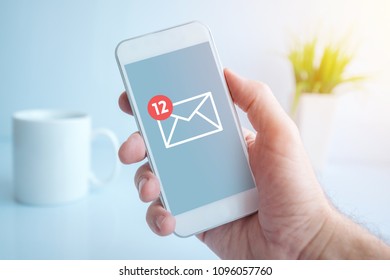 New Text Messages Notification On Smartphone Screen In Male Hand, Selective Focus