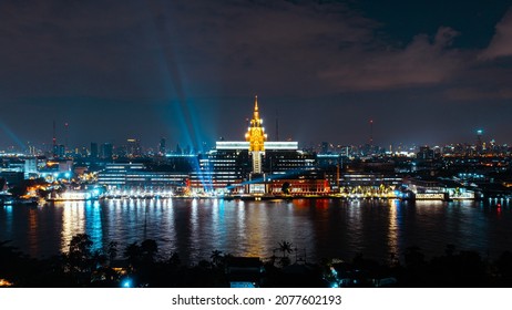 New Thai Parliament, Sappaya Sapasathan (The Parliament Of Thailand), Aerial View National Assembly With A Golden Pagoda On The Chao Phraya River In Bangkok.