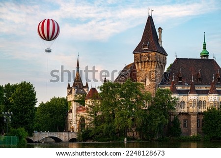 New touristic attraction in Budapest Hungary. The hot air ballon there is on the city park of Budapest. Near by famous Castle of Vajdahunyad and floating lake where you can try sporting with  paddle 