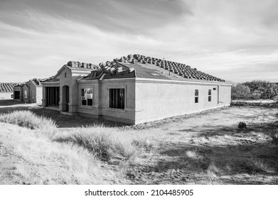 New tract homes construction in Sahuarita, Arizona, USA, black and white image