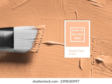 New trending PANTONE 13-1023 Peach Fuzz colour of 2024 year oil paint stroke on white background
					