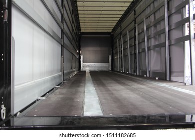 New Truck Empty Semi Trailer Inside Rear View Close-up, Lorry Transportation Logistics