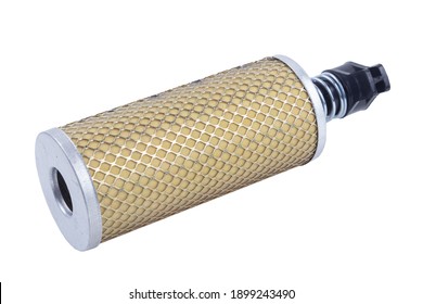 New Truck Fuel Filter In A Metal Case, On An Isolated White Background. A Set Of Four Filters.