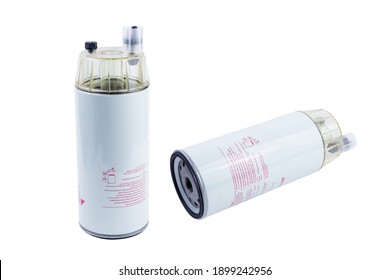 New Truck Fuel Filter In White Color In A Metal Case, On An Isolated White Background