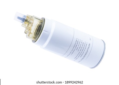 New Truck Fuel Filter In White Color In A Metal Case, On An Isolated White Background