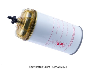 New Truck Fuel Filter In White Color In A Metal Case, On An Isolated White Background