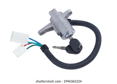 New Truck Ignition Lock, With Keys, Isolated On A White Background. Close-up.