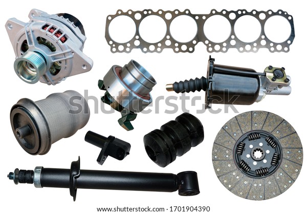 A lot of new truck parts isolated on a white background. Spare parts