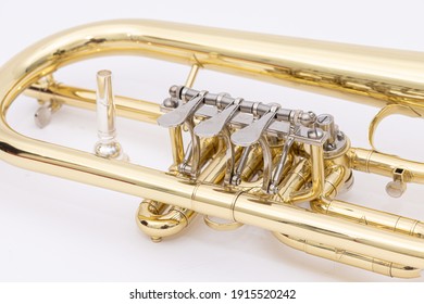 New trumpet isolated above white background.
