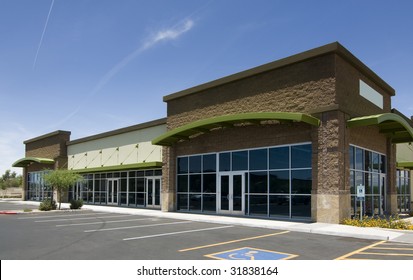 New Unoccupied Empty Modern Commercial Retail Buildings On Strip Mall