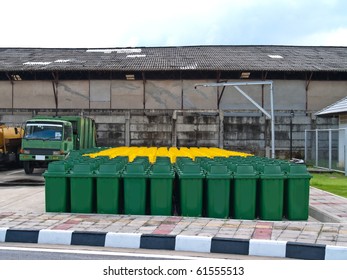 A lot of new usable public bin with refuse collection vehicle