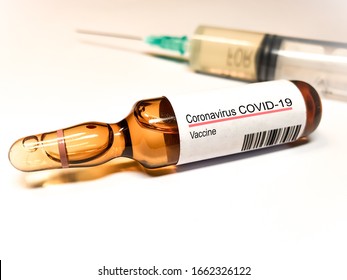 New Vaccine For Coronavirus COVID 19. Concept Medical Container With Corona Virus Vaccines. Korona Vaccination Medical Syringe Needle Outbreak. Usa, China, Italy