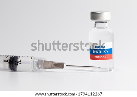 New vaccine sputnik-v. Coronavirus (Covid-19) Vaccine, Syringe and Dose Bottle Vaccine To stop the infection from new strains of virus.