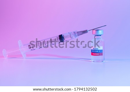 New vaccine sputnik-v. Coronavirus (Covid-19) Vaccine, Syringe and Dose Bottle Vaccine To stop the infection from new strains of coronavirus. 