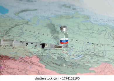 New Vaccine Sputnik-v On Map Russia Background. Coronavirus Vaccine. Covid-19, 2019-nCov Pandemic.