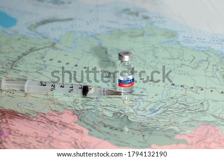 New vaccine sputnik-v on map russia background. Coronavirus vaccine. Covid-19, 2019-nCov pandemic.